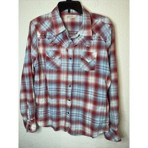 Western snap cowgirl Women Plaid Button Shirt Natural Reflection Red XL